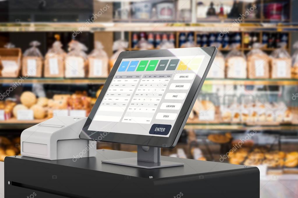 Cajero utilizando un sistema de punto de venta en un comercio